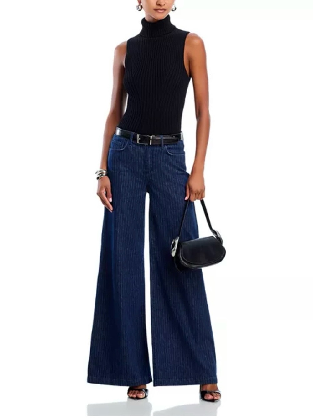 L'Agence Quincy High Rise Wide Leg Jeans in Ebony Stripe Pinstripe Size 25